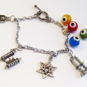 Jewish Charm Bracelet with Star of David and Shabbat Charms and Evil Eye Bead for Protection image 4