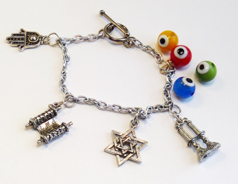 Jewish Charm Bracelet with Star of David and Shabbat Charms and Evil Eye Bead for Protection image 4