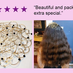 May include: A gold-coloured hair accessory with an intricate, interwoven design, featuring small black and white details. The image also shows a person with long, dark hair wearing a similar accessory. Text reads: "Beautiful and packaged extra special."