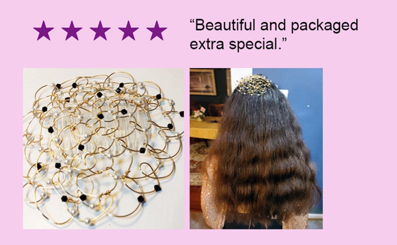 May include: A gold-coloured hair accessory with an intricate, interwoven design, featuring small black and white details. The image also shows a person with long, dark hair wearing a similar accessory. Text reads: "Beautiful and packaged extra special."