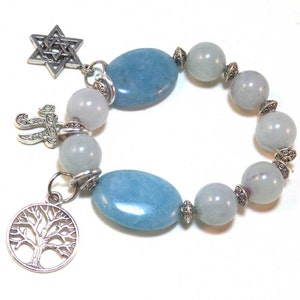 March Birthstone Jewelry, Aquamarine Gemstone Beaded Charm Bracelet image 2