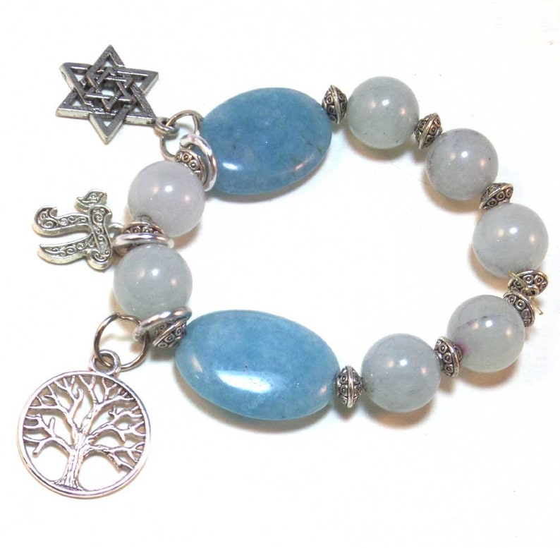 March Birthstone Jewelry, Aquamarine Gemstone Beaded Charm Bracelet image 2