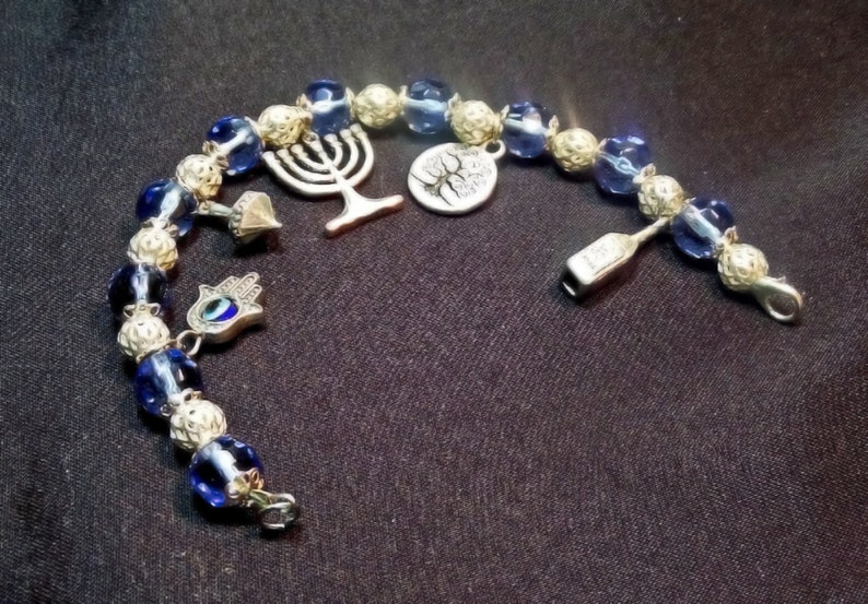 Jewish Charm Bracelet, Light Blue Beaded Bracelet, Hanukkah Dreidel and