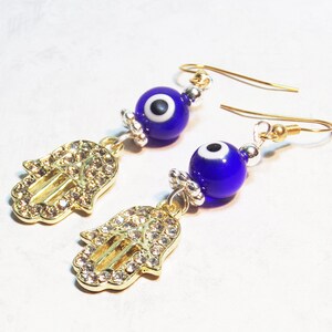 Evil Eye Earrings, Hamsa Charms, Protection Jewelry, Evil Eye beads, Blue Evil Eye, Gifts for Her, Goldtone Hamsa Charms