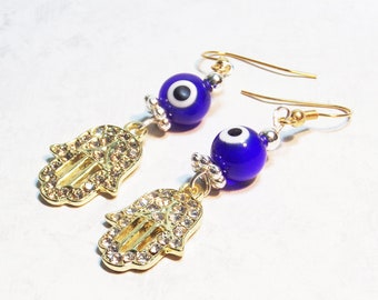 Evil Eye Earrings, Hamsa Charms, Protection Jewelry, Evil Eye beads, Blue Evil Eye, Gifts for Her, Goldtone Hamsa Charms