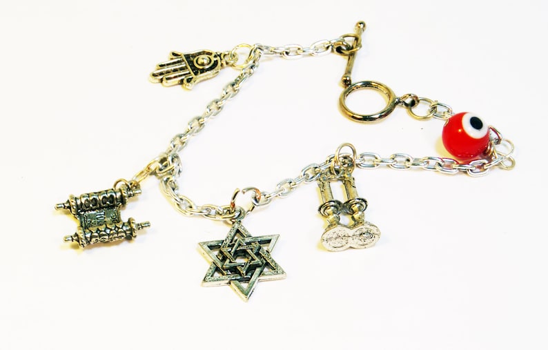 Jewish Charm Bracelet with Star of David and Shabbat Charms and Evil Eye Bead for Protection image 2