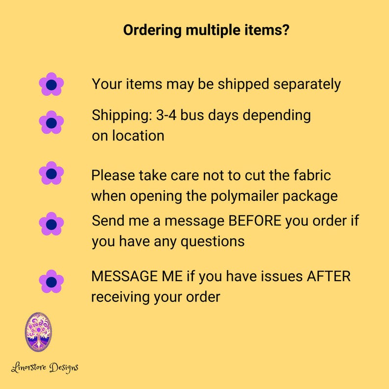 Puede incluir: Un fondo amarillo con texto que dice "&iquest;Pedir varios art&iacute;culos?" y otro texto sobre env&iacute;o y pedidos. Hay iconos de flores moradas dispersos por toda la imagen. El logotipo de Linorstore Designs est&aacute; en la parte inferior.