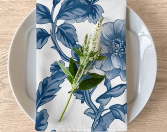 Blue Floral Table Runner, Vintage Botanical Home Decor, Farmhouse Style Linens