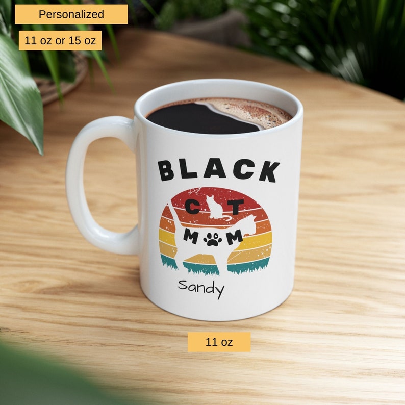 Funny Black Cat Mom Retro Sunset Coffee Mug, Ceramic Mug, Coffee Lovers Gifts, Cat Mama Gifts, Cat Lovers Gifts, Black Cat Gifts image 1