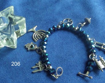 Passover Blue Beaded Jewish Charm Bracelet with Hagaddah Charms Star of David Modern Judaica Jewelry