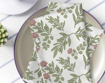 Dusty Rose Vintage Botanical  Floral Kitchen Linen Collection, Cottagecore Home Decor