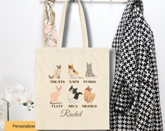 6 Earthtone Cat Personalized Canvas Tote Bags, Reusable Shopping Bag, Cat Themed Gifts, Custom Name,  Cat Book Bag