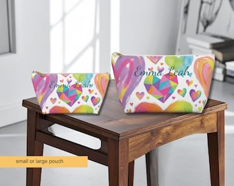 Rainbow Hearts Makeup Zipper Pouch, Personalized Bat Mitzvah Accessory Tote Bag