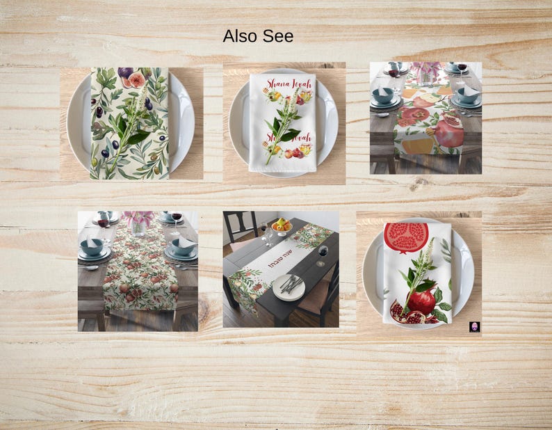 Puede incluir: Una colecci&oacute;n de manteler&iacute;a con ilustraciones bot&aacute;nicas y de frutas, que incluye servilletas con motivos de aceitunas y granadas, y caminos de mesa con dise&ntilde;os festivos, algunos con el texto Shana Tovah y caracteres hebreos.