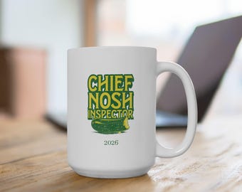 Funny Jewish Pickle Mug, Chief Nosh Inspector, Humorous Foodie Gifts, Deli Lover Coffee Cup