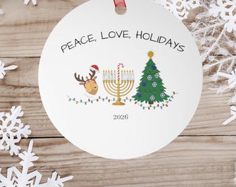 Interfaith Ornament, Peace Love Holidays, Merry Christmukkah Christmas tree, menorah, reindeer 2026