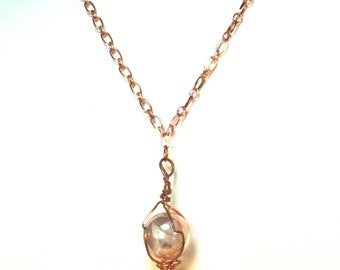 Copper Wire Wrapped Pendant Necklace with Clear Glass Marble & Topaz Unakite Boho Ear - Christmas in July
