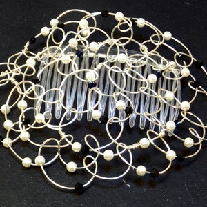 Wire Kippah, Wire Beaded Kippot, Bat Mitzvah, Yom Tov Silver White Pearls Dark Blue crystals image 1