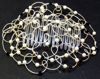 Wire Kippah, Wire Beaded Kippot, Bat Mitzvah, Yom Tov - Silver White Pearls Dark Blue crystals