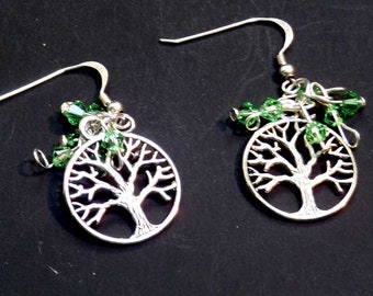 Crystal Tree of Life Earrings, Birthstone Jewelry, Birthday Gifts, August Birthdays - Peridot Bicone Crystals - Sterling Silver