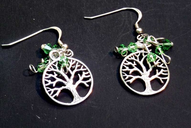 Crystal Tree of Life Earrings, Birthstone Jewelry, Birthday Gifts, August Birthdays Peridot Bicone Crystals Sterling Silver afbeelding 1