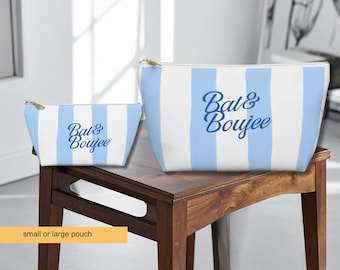 Bat & Boujee Bat Mitzvah Makeup Pouch, Blue Striped Travel Bag, Religious Gifts