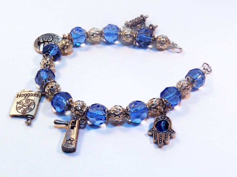 Jewish Beaded Charm Bracelet Light Blue Bracelet Torah image 1