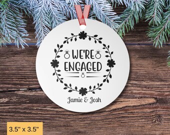 Engagement Ornament, We're Engaged Black Printed Round Metallic Ornament, Personalized Ornament, Personalized Engaged, Ornament Gift, Custom