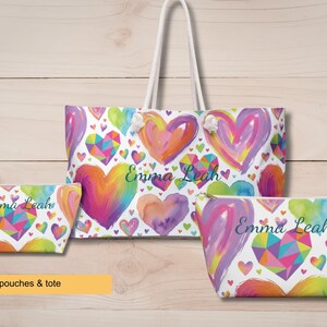 Pochette à maquillage avec coeurs arc-en-ciel, sac fourre-tout personnalisé pour accessoires de bat mitzvah image 3