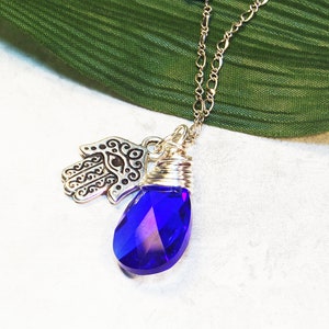 Blue Crystal Hamsa Necklace, Evil Eye Jewelry, Hand of God Jewelry, Jewish Gifts for Protection