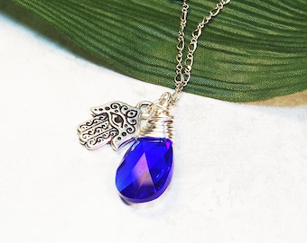 Blue Crystal Hamsa Necklace, Evil Eye Jewelry, Hand of God Jewelry, Jewish Gifts for Protection