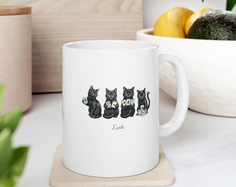 Black Mahjong Cats Personalized White Coffee Mug or Mahj Cat Rules Keepsake Hostess Gifts