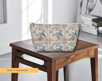 Neceser de maquillaje estilo chinoiserie con grullas vintage para Mahjong, bolso tote con cremallera con estampado floral botánico para fichas de Mahjong.
