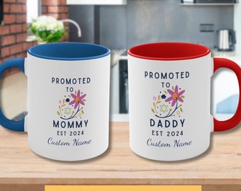 Gifts for New Moms, Custom Name, Promoted to Mommy and Daddy Set of Coffee Mugs, Pregnancy Announcement, Baby Announcement