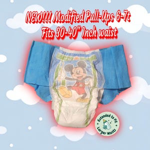May include: Modified pull-ups for children aged 6-7 years, designed to fit waists 30-40 inches. The diaper features a Mickey Mouse graphic and blue side panels. The text reads "Extended to fit larger waists."