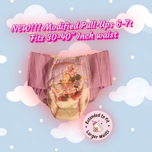 May include: A purple pull-up diaper featuring a Minnie Mouse graphic, with text stating NEW!!! Modified Pull-Ups 6-7t Fits 30-40" Inch waist and a circular badge reading Extended to Fit Larger Waists with a baby bottle icon.