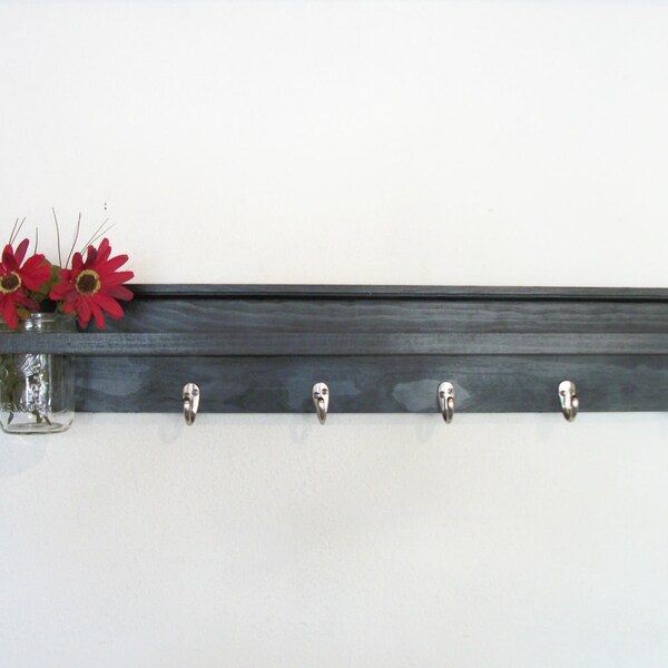 Wood Industrial Wall Shelf  5 Hooks Satin Black Color  Urban  35 Inches Long