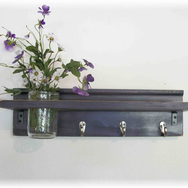 Primitive Country Deep  Grape Purple Wood Shabby Chic Coat Hooks Cottage Wall Shelf