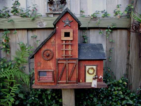 Large Primitive Folk Art Country Farmhouse Barn Birdhouse 