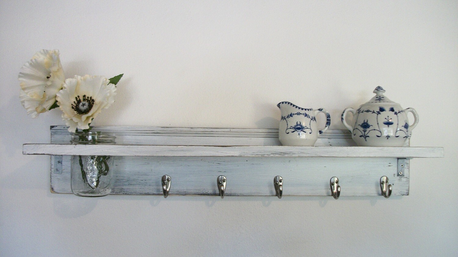 Wood French Country Wall Shelf Hooks Faded Linen Wedding Etsy