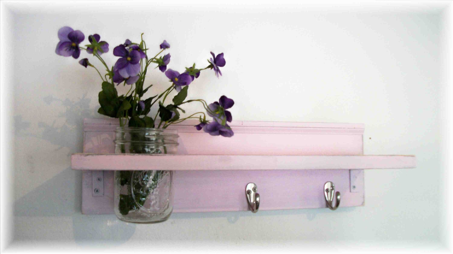 French Country Wood Wall Shelf Hooks Faded Shabby Chic Etsy