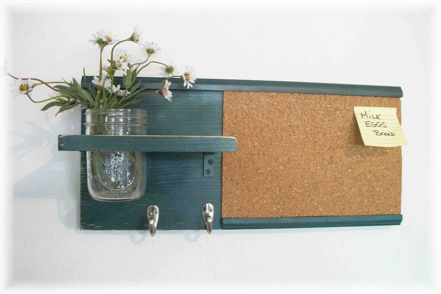 Wood Wall Shelf Cork Bulletin Board Message Center Hooks Etsy