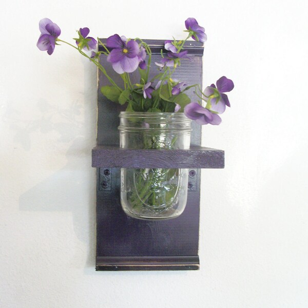 Spring Flowers Wood Wall Shelf  Bold Grape Purple Color Cottage Mason Jar