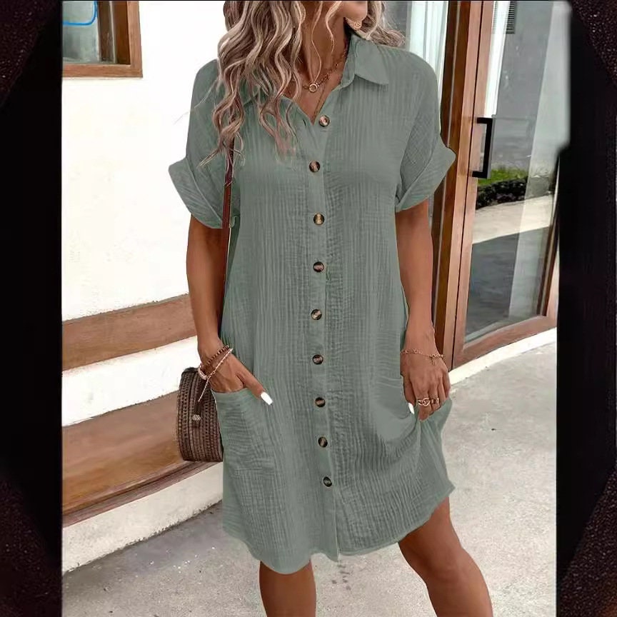 Loose Linen Cotton Pockets Button Casual Dress