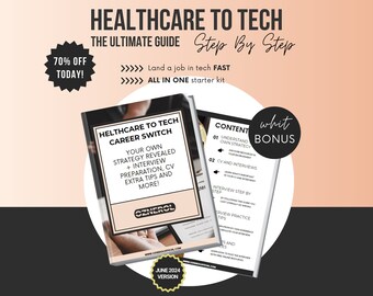 May include: A guide titled "Healthcare to Tech Career Switch" with the text "Your Own Strategy Revealed + Interview Preparation, CV Extra Tips and More!" is displayed. The guide includes a bonus and a "June 2024 Version" label. A banner states "70% OFF TODAY!"