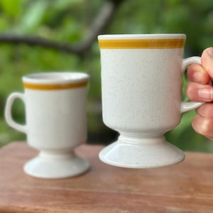 Speckled Stoneware Mugs w/ Yellow Stripe in EXCELLENT VINTAGE Condition | MCM Coffe Tea Lovers | Set of Two Pedestal Mugs Made in Japan