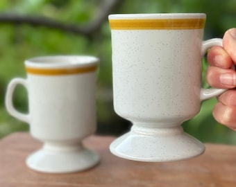 Vintage Speckled Stoneware Pedestal Mugs: MCM Yellow Stripe, Set of Two