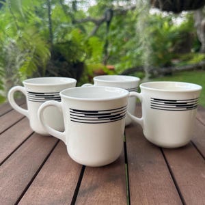 Vintage 1970s Corelle Optic White Coffee Mugs - Mid Century Modern Black Band Design - Vitrelle Glass Ceramic Cups - Corning Glass Works