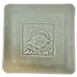Vintage Square Ceramic Plate | Fish Relief Art | Seafoam Green Crazed Glaze | Coastal Beach Decor | Raised Design Tropical Fish | EY Signed