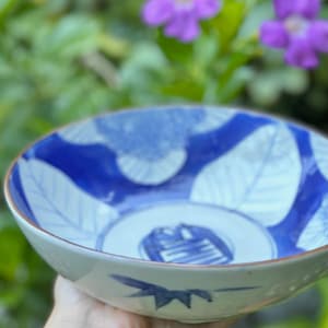 Porcelain Blue & White Bowl | Vintage Japanese Style Decorative Centerpiece |  Blue White Asian Bowl
